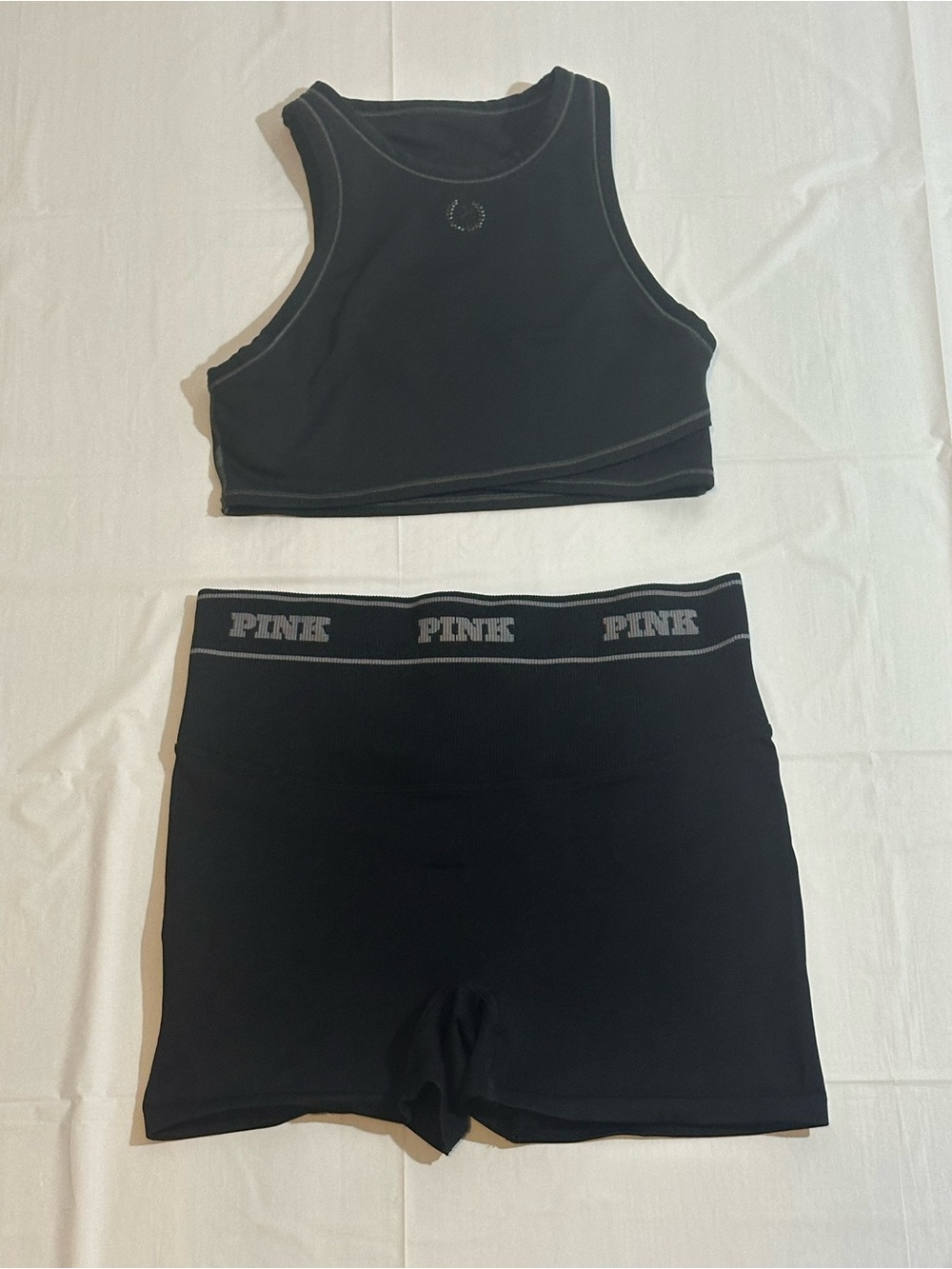 PINK Victoria's Secret Black Seamless Crop Sports Bra & High-Rise Shorts Set